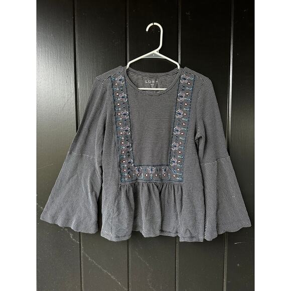 LOFT Striped Embroidered Peplum Blouse Women’s Medium Bell Sleeve Boho Top - Picture 1 of 4